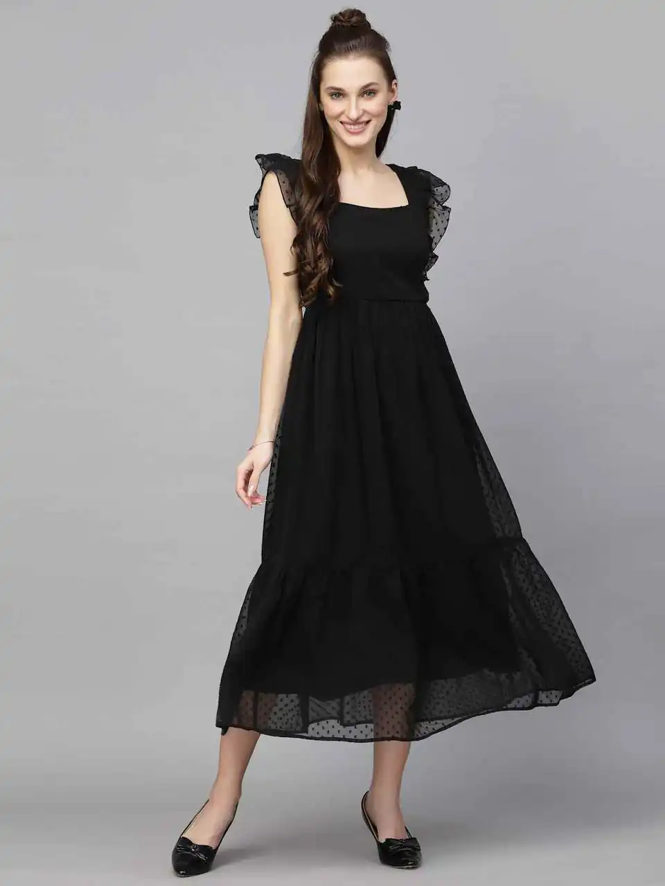 Black Georgette Butti Gown | Gowns, Bollywood Gowns, Creative Gowns, Designer Gowns, Embroidered Gowns, Party Wear Gowns