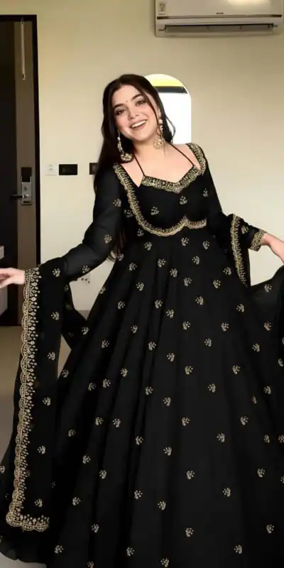 Black Georgette Embroidery Work Gown | Gowns, Bollywood Gowns, Creative Gowns, Designer Gowns, Embroidered Gowns, Party Wear Gowns