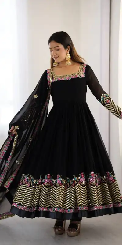 Black Georgette Multi Thread Work Gown | Jump Suits, Salwar suit, Casual Suits, Creative suits, Designer Suits, Palazzo Suits, Party Wear Suits, Patiala Suits, Straight Suits