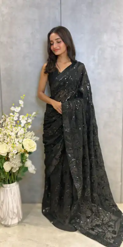 Black Georgette Sequence Work Saree | Sarees, Bollywood Sarees, Creative Sarees, Designer Sarees, Embroidered Sarees, Ethnic Saree, Modern Digital sarees, Party Wear Sarees