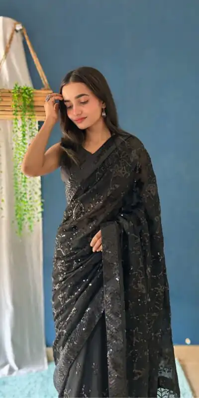 Black Georgette Sequence Work Saree | Sarees, Bollywood Sarees, Creative Sarees, Designer Sarees, Embroidered Sarees, Ethnic Saree, Modern Digital sarees, Party Wear Sarees