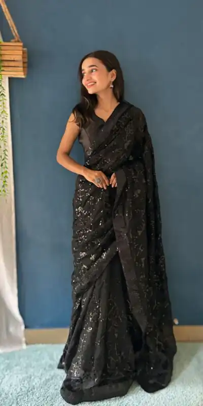 Black Georgette Sequence Work Saree | Sarees, Bollywood Sarees, Creative Sarees, Designer Sarees, Embroidered Sarees, Ethnic Saree, Modern Digital sarees, Party Wear Sarees