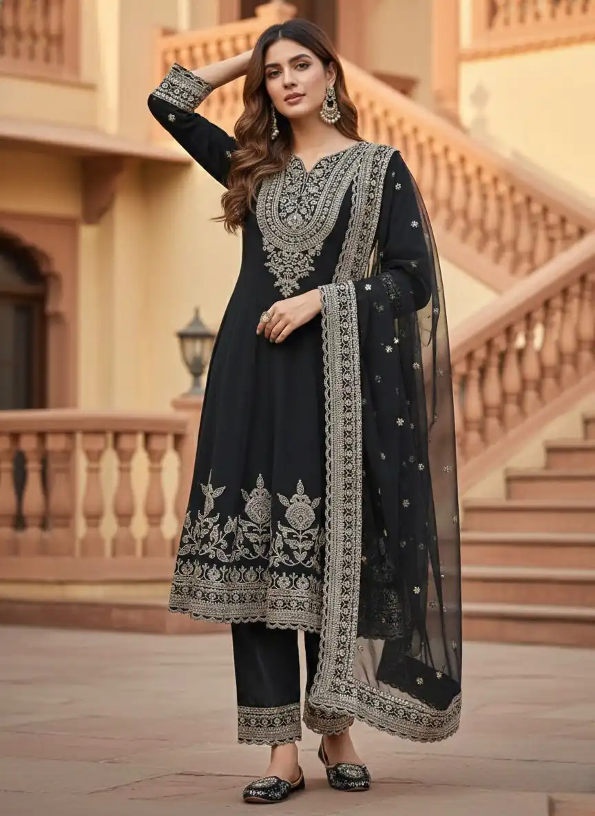 Black Georgette Sequences Lace Work Salwar Suit | Jump Suits, Tops & Bottoms, Track Suits, Salwar suit, Casual Suits, Creative suits, Designer Suits, Palazzo Suits, Party Wear Suits, Patiala Suits, Straight Suits, Trendy Wear