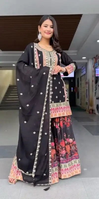 Black Georgette Sequences Work Salwar Suit | Jump Suits, Salwar suit, Casual Suits, Creative suits, Designer Suits, Palazzo Suits, Party Wear Suits, Patiala Suits, Straight Suits