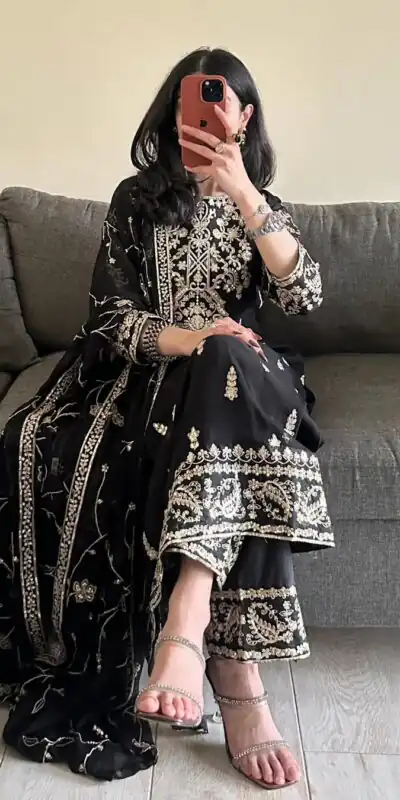 Black Georgette Thread With Sequence Salwar Suit | Jump Suits, Salwar suit, Casual Suits, Creative suits, Designer Suits, Palazzo Suits, Party Wear Suits, Patiala Suits, Straight Suits