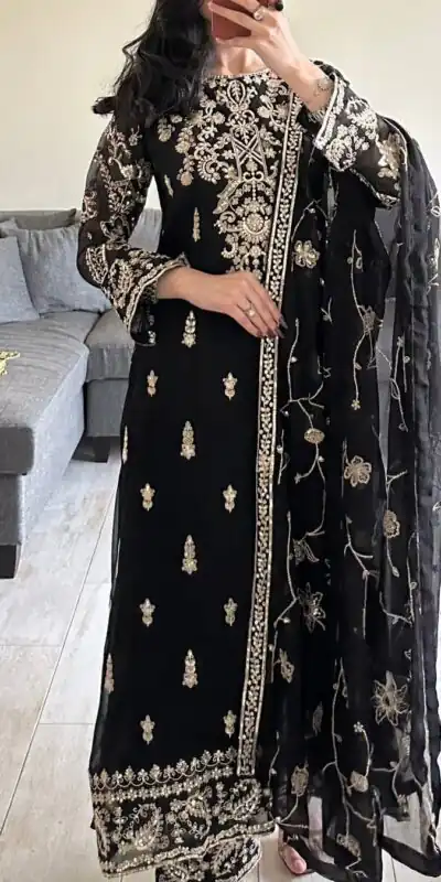 Black Georgette Thread With Sequence Salwar Suit | Jump Suits, Salwar suit, Casual Suits, Creative suits, Designer Suits, Palazzo Suits, Party Wear Suits, Patiala Suits, Straight Suits
