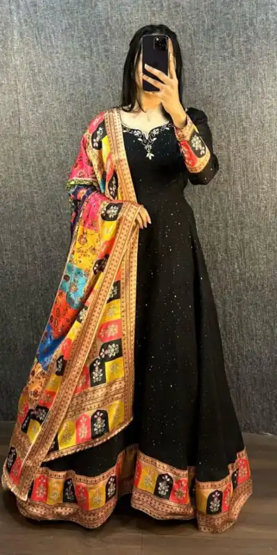 Black Georgette Wide Sequence Work Anarkali Gown | Gowns, Bollywood Gowns, Creative Gowns, Designer Gowns, Embroidered Gowns, Party Wear Gowns, Straight Suits