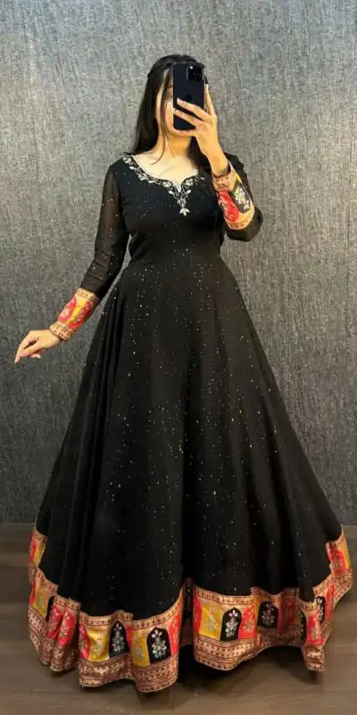 Black Georgette Wide Sequence Work Anarkali Gown | Gowns, Bollywood Gowns, Creative Gowns, Designer Gowns, Embroidered Gowns, Party Wear Gowns, Straight Suits