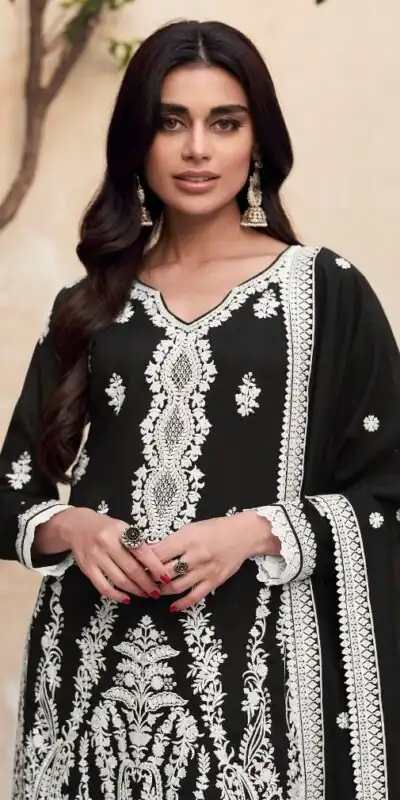 Black Heavy Vichitra Embroidery Sharara Suit | Jump Suits, Salwar suit, Casual Suits, Creative suits, Designer Suits, Palazzo Suits, Party Wear Suits, Patiala Suits, Straight Suits