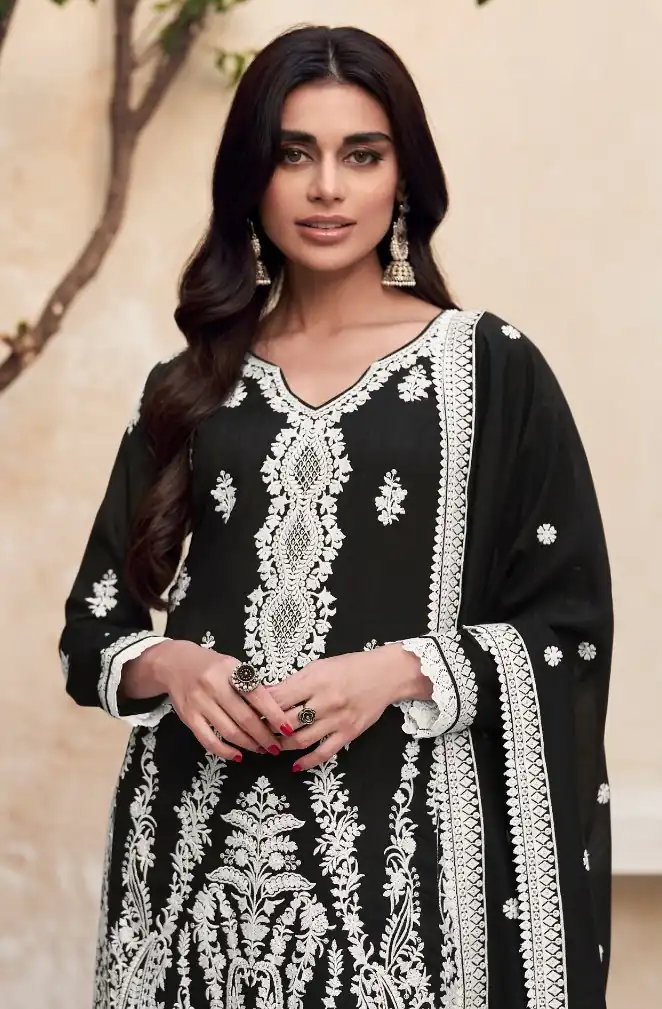 Black Heavy Vichitra Embroidery Sharara Suit | Jump Suits, Salwar suit, Casual Suits, Creative suits, Designer Suits, Palazzo Suits, Party Wear Suits, Patiala Suits, Straight Suits