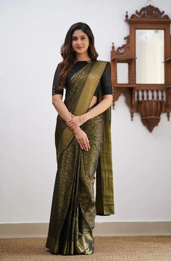 Black Lichi Silk Border Jacquard Work Saree | Sarees, Bollywood Sarees, Creative Sarees, Designer Sarees, Embroidered Sarees, Ethnic Saree, Modern Digital sarees, Party Wear Sarees
