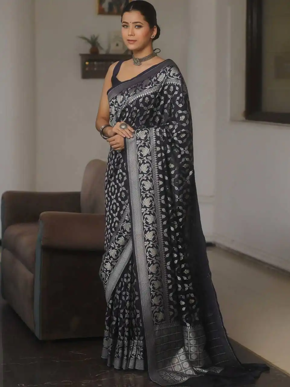 Black Lichi Silk Jacquard Border Work Saree | Sarees, Bollywood Sarees, Creative Sarees, Designer Sarees, Embroidered Sarees, Ethnic Saree, Modern Digital sarees, Party Wear Sarees