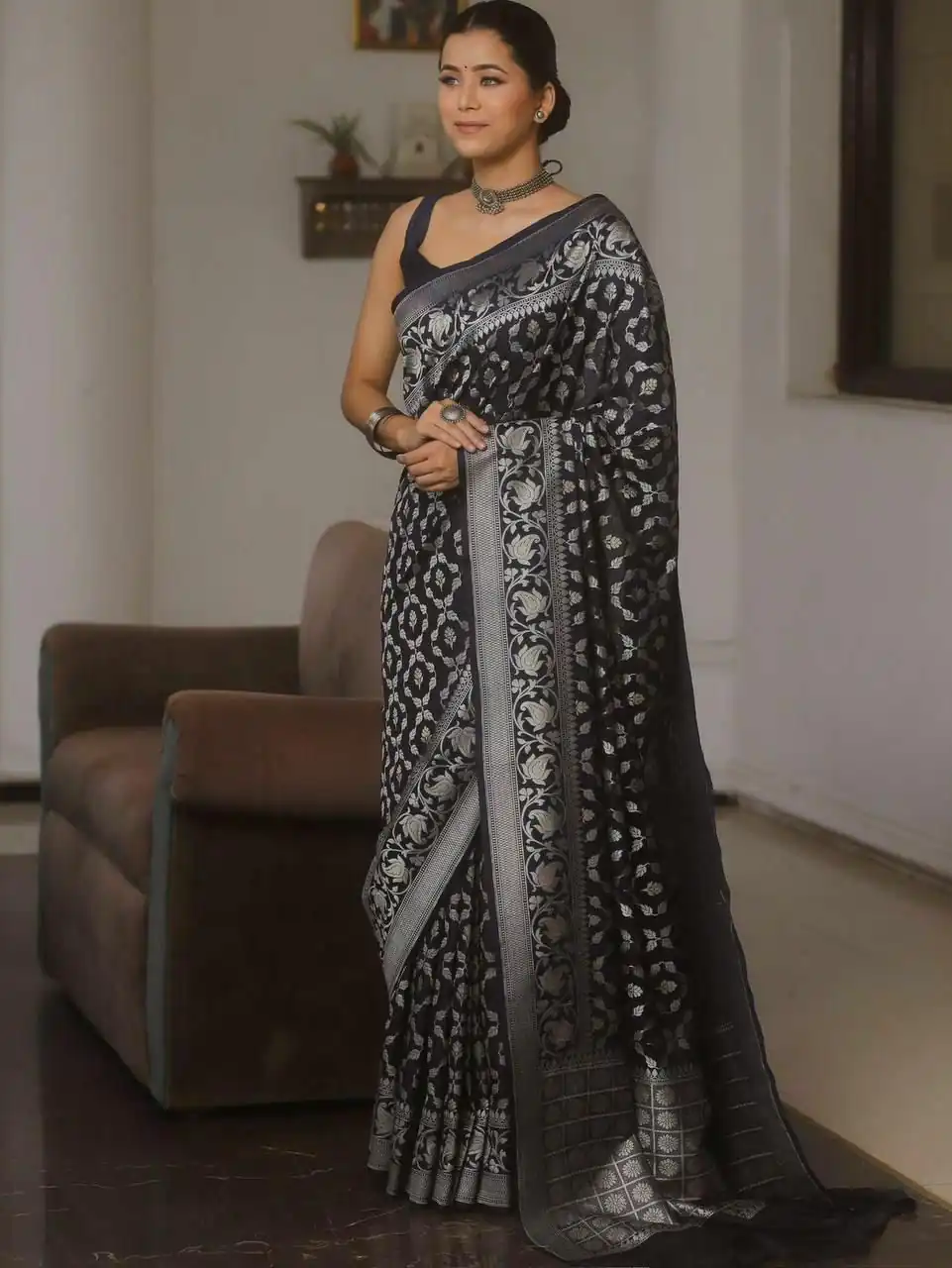 Black Lichi Silk Jacquard Border Work Saree | Sarees, Bollywood Sarees, Creative Sarees, Designer Sarees, Embroidered Sarees, Ethnic Saree, Modern Digital sarees, Party Wear Sarees