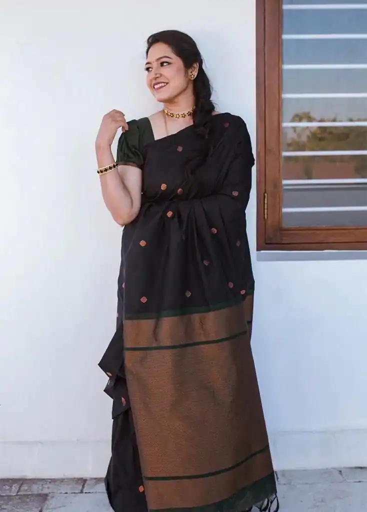 Black Lichi Silk Jacquard Saree | Sarees, Bollywood Sarees, Creative Sarees, Designer Sarees, Embroidered Sarees, Ethnic Saree, Modern Digital sarees, Party Wear Sarees
