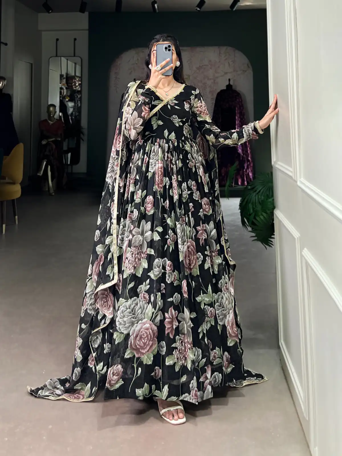 Black Marble Floral Print Lace Touch Up Gown | Gowns, Bollywood Gowns, Creative Gowns, Designer Gowns, Embroidered Gowns, Party Wear Gowns