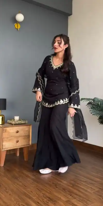 Black Natural Crap Silk With Embroider Salwar Suit | Jump Suits, Tops & Bottoms, Track Suits, Salwar suit, Casual Suits, Creative suits, Designer Suits, Palazzo Suits, Party Wear Suits, Patiala Suits, Straight Suits, Trendy Wear