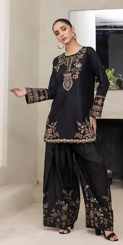 Black Natural Crep Embroidery Work Salwar Suit | Jump Suits, Salwar suit, Casual Suits, Creative suits, Designer Suits, Palazzo Suits, Party Wear Suits, Patiala Suits, Straight Suits