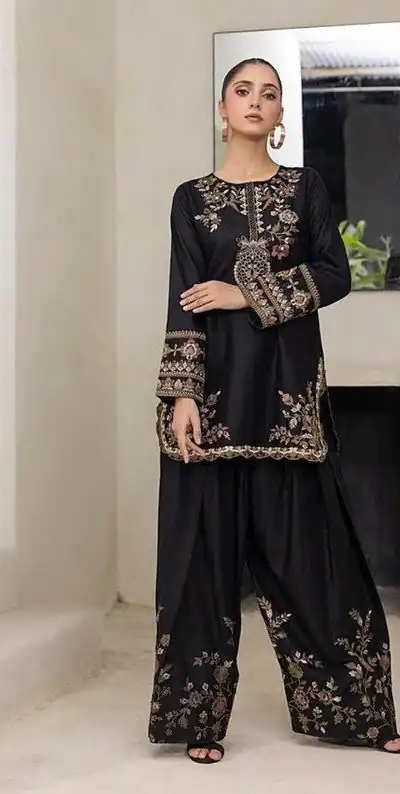Black Natural Crep Embroidery Work Salwar Suit | Jump Suits, Salwar suit, Casual Suits, Creative suits, Designer Suits, Palazzo Suits, Party Wear Suits, Patiala Suits, Straight Suits