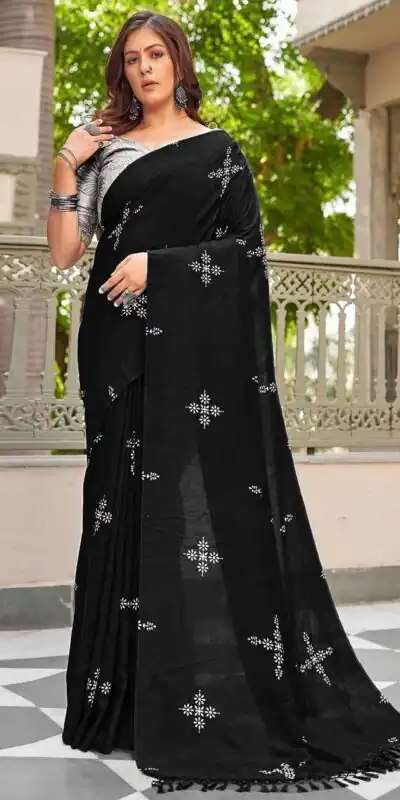Black Natural Silk With Thread Embroidery Saree | Sarees, Bollywood Sarees, Creative Sarees, Designer Sarees, Embroidered Sarees, Ethnic Saree, Modern Digital sarees, Party Wear Sarees