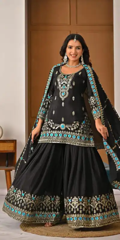 Black NC Vichitra Silk Embroidery Work Salwar Suit | Jump Suits, Salwar suit, Casual Suits, Creative suits, Designer Suits, Palazzo Suits, Party Wear Suits, Patiala Suits, Straight Suits
