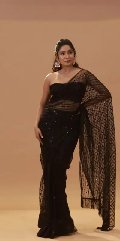Black Nylon Net Sequence Thread Work Saree | Sarees, Bollywood Sarees, Creative Sarees, Designer Sarees, Embroidered Sarees, Ethnic Saree, Modern Digital sarees, Party Wear Sarees