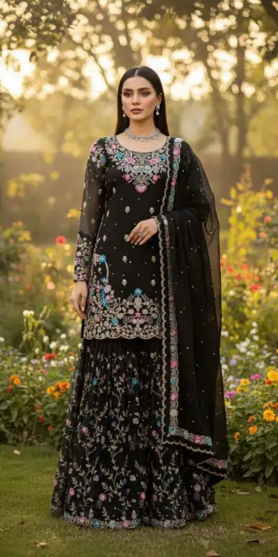 Black Organza Silk Sequence Moti Work Salwar Suit | Jump Suits, Salwar suit, Casual Suits, Creative suits, Designer Suits, Palazzo Suits, Party Wear Suits, Patiala Suits, Straight Suits