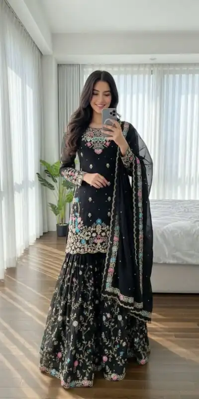 Black Organza Silk Sequence Moti Work Salwar Suit | Jump Suits, Salwar suit, Casual Suits, Creative suits, Designer Suits, Palazzo Suits, Party Wear Suits, Patiala Suits, Straight Suits