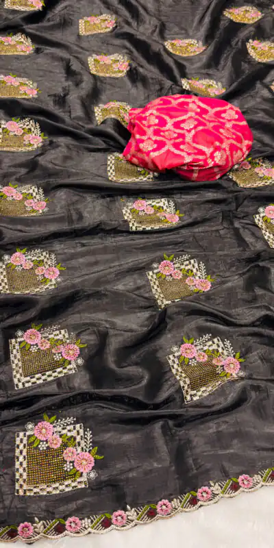 Black Paper Silk Crush With Embroider Saree | Sarees, Bollywood Sarees, Creative Sarees, Designer Sarees, Embroidered Sarees, Ethnic Saree, Modern Digital sarees, Party Wear Sarees