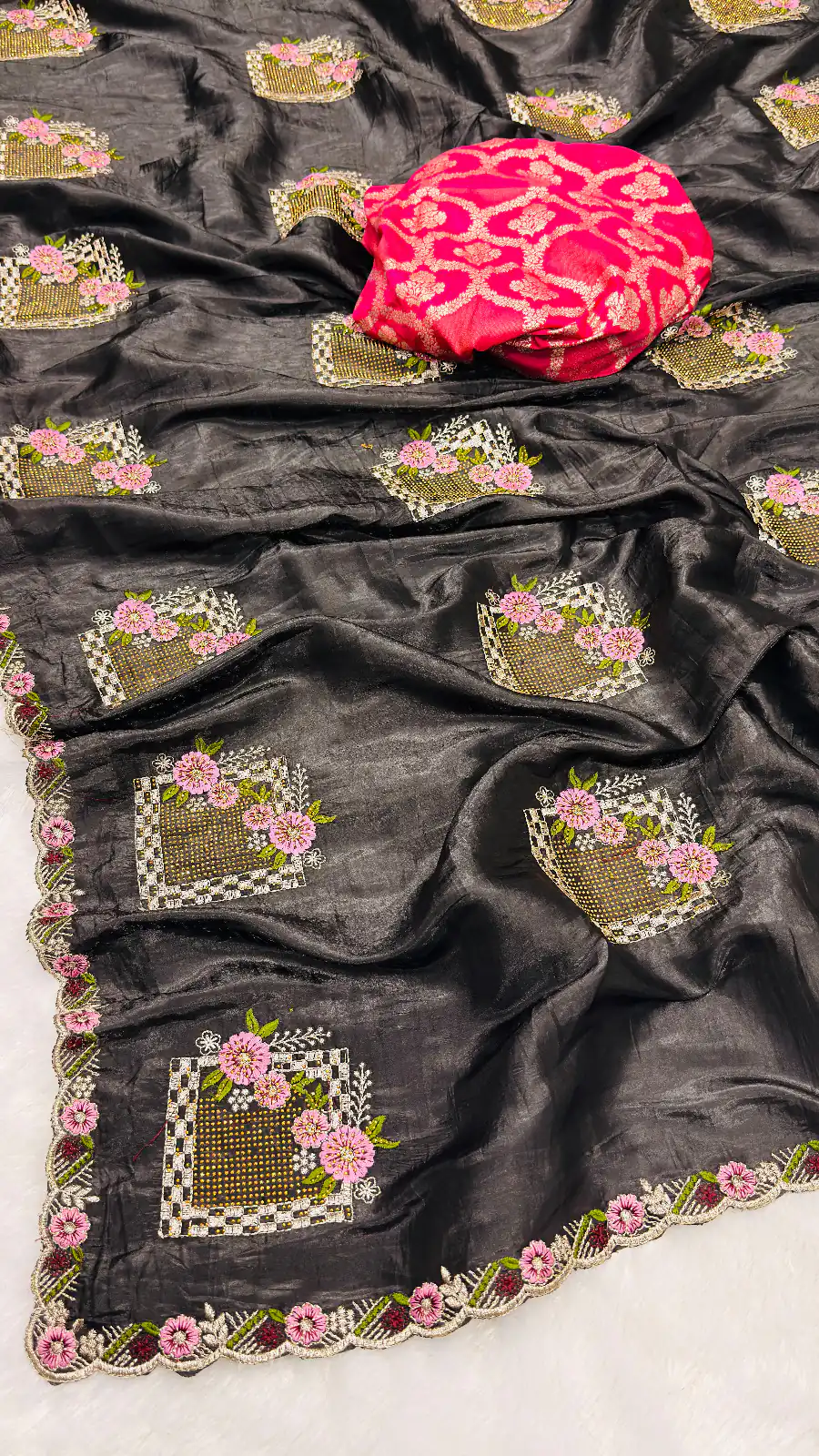 Black Paper Silk Crush With Embroider Saree | Sarees, Bollywood Sarees, Creative Sarees, Designer Sarees, Embroidered Sarees, Ethnic Saree, Modern Digital sarees, Party Wear Sarees