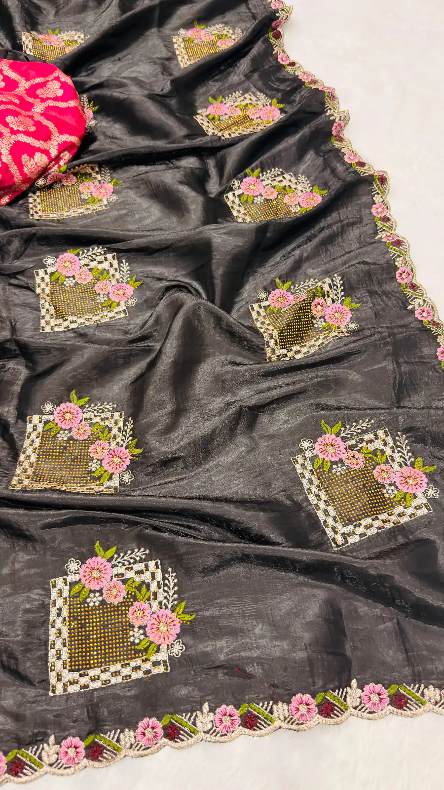 Black Paper Silk Crush With Embroider Saree | Sarees, Bollywood Sarees, Creative Sarees, Designer Sarees, Embroidered Sarees, Ethnic Saree, Modern Digital sarees, Party Wear Sarees