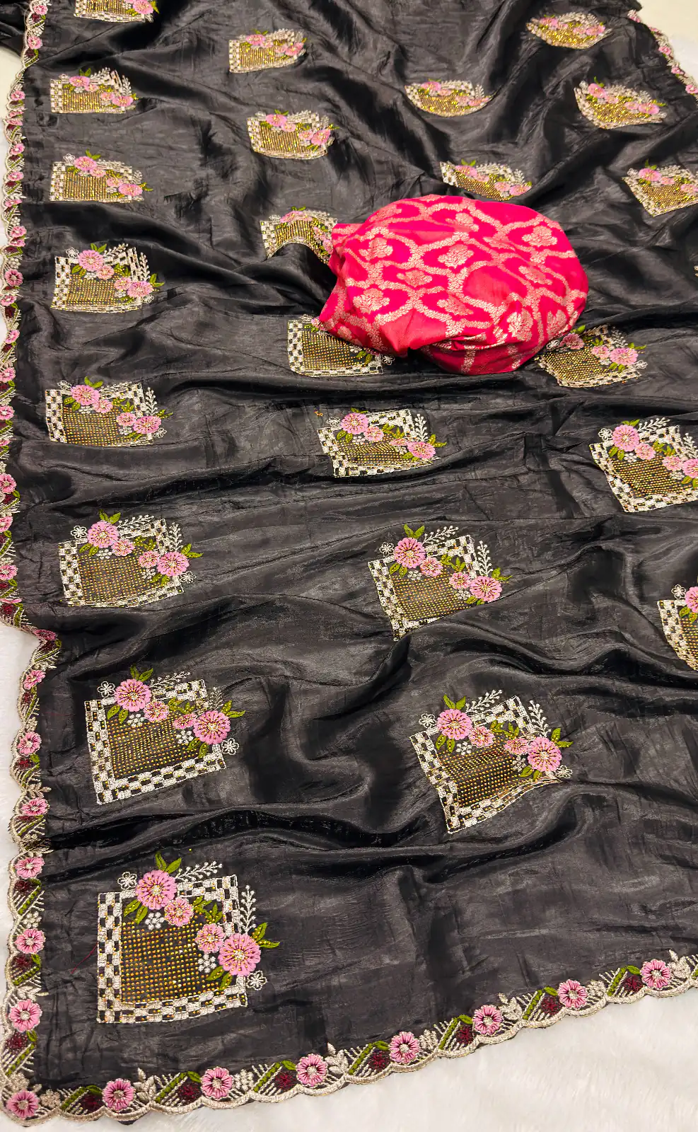 Black Paper Silk Crush With Embroider Saree | Sarees, Bollywood Sarees, Creative Sarees, Designer Sarees, Embroidered Sarees, Ethnic Saree, Modern Digital sarees, Party Wear Sarees