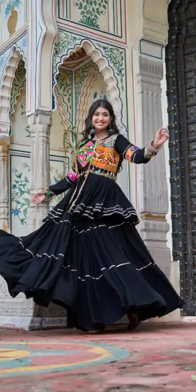 Black Pure Cotton Mirror Gamthi Work Lehenga Choli | Lehenga, Bollywood Lehenga, Creative Lehenga, Designer Lehenga, Embroidered Lehenga, Party Wear Lehenga