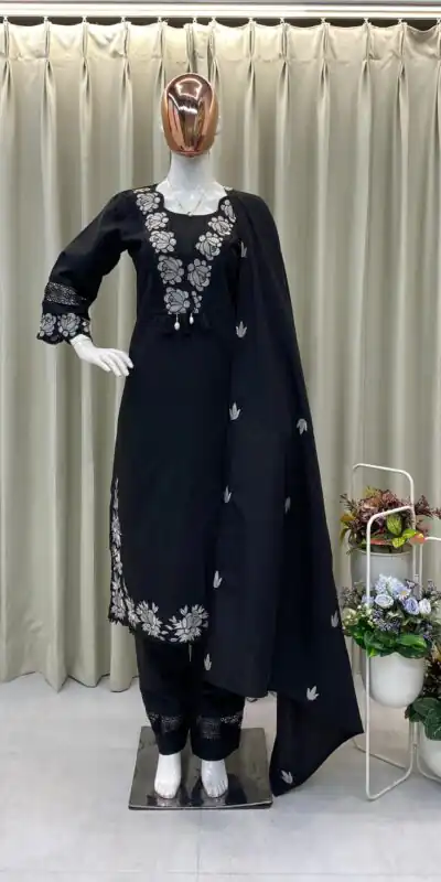 Black Rayon Embroidery Salwar Suit | Jump Suits, Salwar suit, Casual Suits, Creative suits, Designer Suits, Palazzo Suits, Party Wear Suits, Patiala Suits, Straight Suits