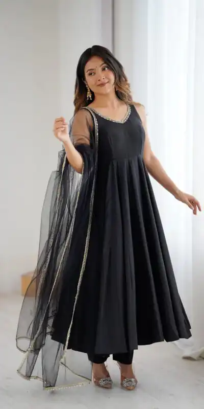 Black Roman Silk Chanderi Mirror Work Gown | Jump Suits, Salwar suit, Casual Suits, Creative suits, Designer Suits, Palazzo Suits, Party Wear Suits, Patiala Suits, Straight Suits