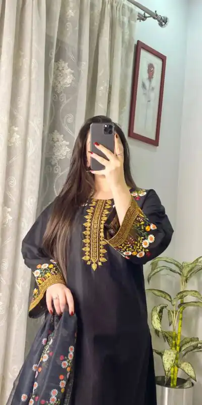 Black Roman Silk With Embroidery Salwar Suit | Jump Suits, Tops & Bottoms, Track Suits, Salwar suit, Casual Suits, Creative suits, Designer Suits, Palazzo Suits, Party Wear Suits, Patiala Suits, Straight Suits, Trendy Wear
