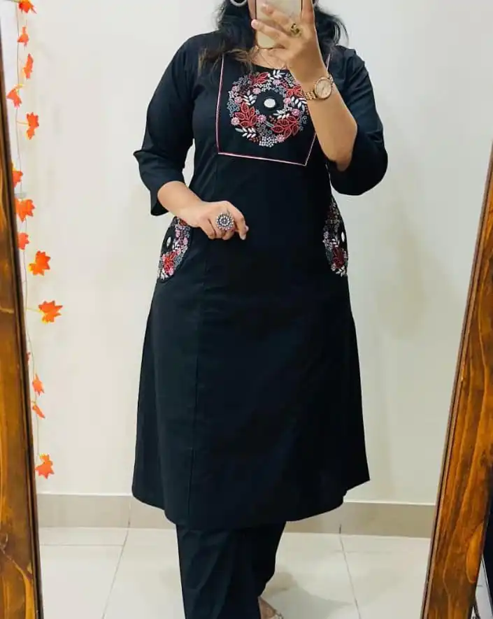 Black Soft Cotton Slub Embroidery Work Kurti | Kurti, Bollywood Kurti, Creative Kurtis, Designer Kurti, Party Wear Kurti, Selfie Kurti