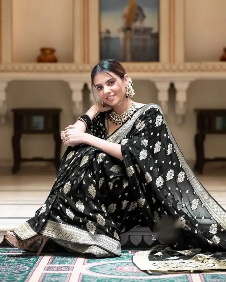 Black Soft Lichi Silk Jacquard Work Saree | Sarees, Bollywood Sarees, Creative Sarees, Designer Sarees, Embroidered Sarees, Ethnic Saree, Modern Digital sarees, Party Wear Sarees