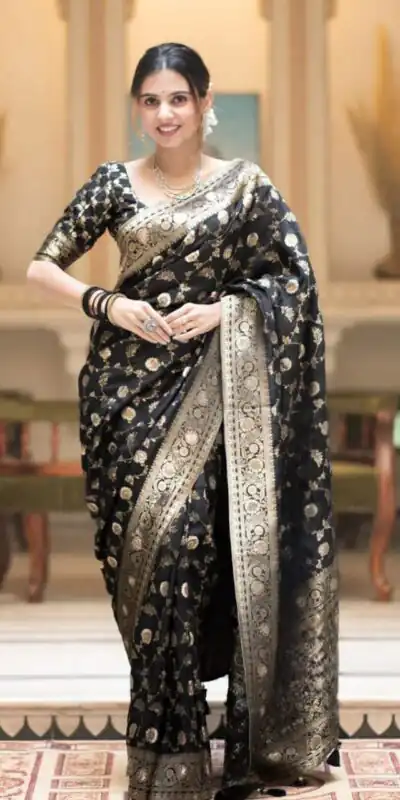 Black Soft Lichi Silk With Jacquard Work Saree | Sarees, Bollywood Sarees, Creative Sarees, Designer Sarees, Embroidered Sarees, Ethnic Saree, Modern Digital sarees, Party Wear Sarees