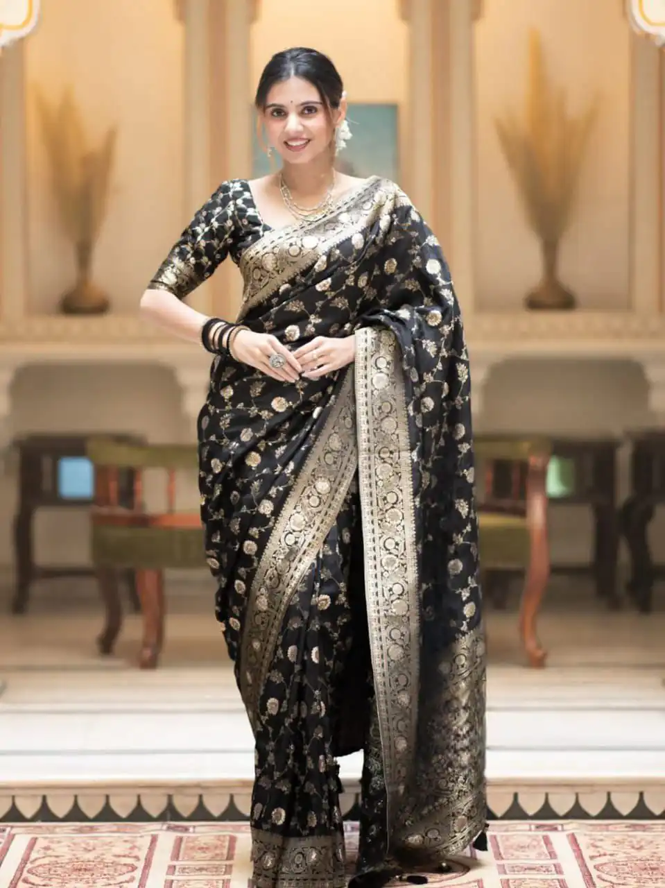 Black Soft Lichi Silk With Jacquard Work Saree | Sarees, Bollywood Sarees, Creative Sarees, Designer Sarees, Embroidered Sarees, Ethnic Saree, Modern Digital sarees, Party Wear Sarees