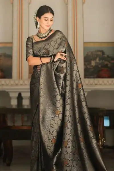 Black Soft Lichi With Jacquard Work Silk Saree | Sarees, Bollywood Sarees, Creative Sarees, Designer Sarees, Embroidered Sarees, Ethnic Saree, Modern Digital sarees, Party Wear Sarees