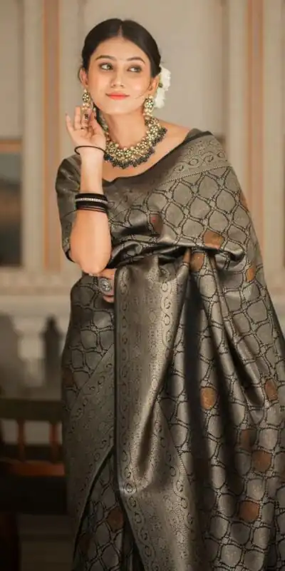 Black Soft Lichi With Jacquard Work Silk Saree | Sarees, Bollywood Sarees, Creative Sarees, Designer Sarees, Embroidered Sarees, Ethnic Saree, Modern Digital sarees, Party Wear Sarees