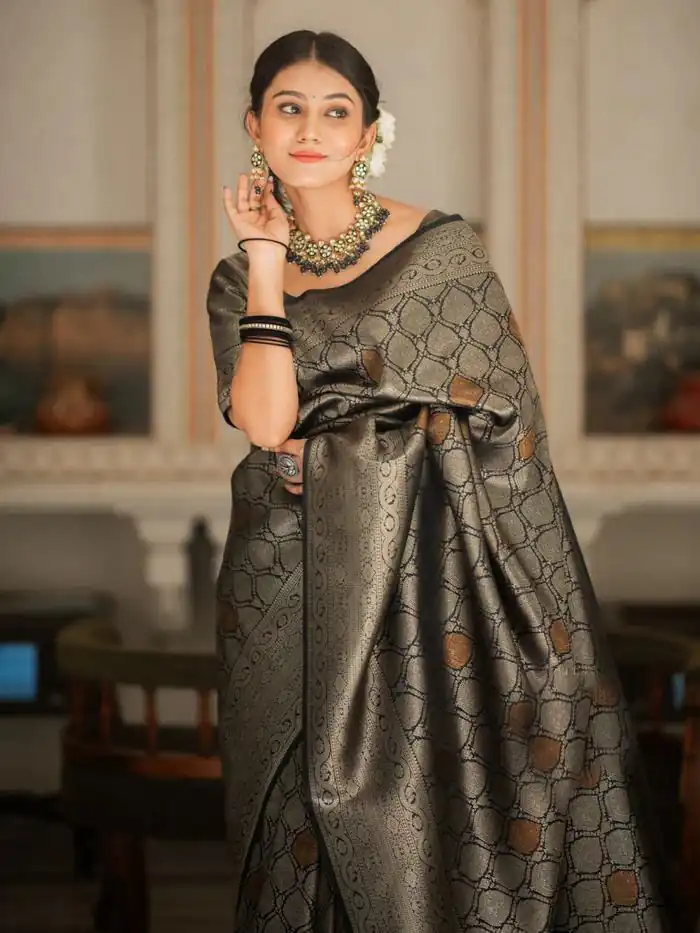 Black Soft Lichi With Jacquard Work Silk Saree | Sarees, Bollywood Sarees, Creative Sarees, Designer Sarees, Embroidered Sarees, Ethnic Saree, Modern Digital sarees, Party Wear Sarees