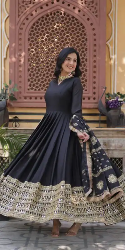 Black Star Georgette Zari Embroidery Work Gown | Gowns, Bollywood Gowns, Creative Gowns, Designer Gowns, Embroidered Gowns, Party Wear Gowns