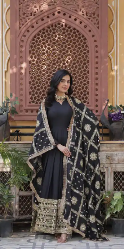 Black Star Georgette Zari Embroidery Work Gown | Gowns, Bollywood Gowns, Creative Gowns, Designer Gowns, Embroidered Gowns, Party Wear Gowns