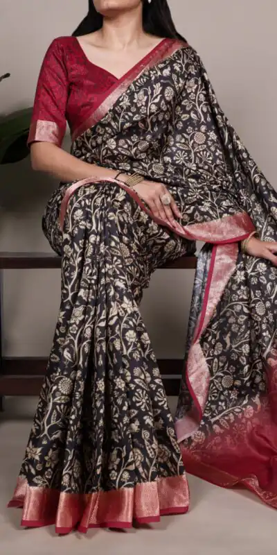 Black Tasar Silk With Printed Viscose Border Saree | Sarees, Bollywood Sarees, Creative Sarees, Designer Sarees, Embroidered Sarees, Ethnic Saree, Modern Digital sarees, Party Wear Sarees