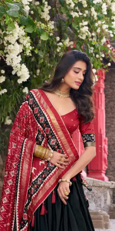 Black Tushar Silk Patola Printed Lehenga Choli | Lehenga, Bollywood Lehenga, Creative Lehenga, Designer Lehenga, Embroidered Lehenga, Party Wear Lehenga