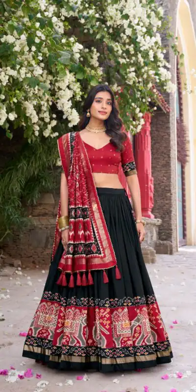 Black Tushar Silk Patola Printed Lehenga Choli | Lehenga, Bollywood Lehenga, Creative Lehenga, Designer Lehenga, Embroidered Lehenga, Party Wear Lehenga