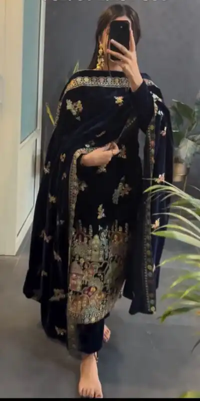 Black Viscose Velvet Embroidery Work Salwar Suit | Jump Suits, Salwar suit, Casual Suits, Creative suits, Designer Suits, Palazzo Suits, Party Wear Suits, Patiala Suits, Straight Suits