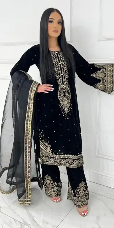 Black Viscose Velvet Sequence Lace Work Salwar Suit | Jump Suits, Salwar suit, Casual Suits, Creative suits, Designer Suits, Palazzo Suits, Party Wear Suits, Patiala Suits, Straight Suits