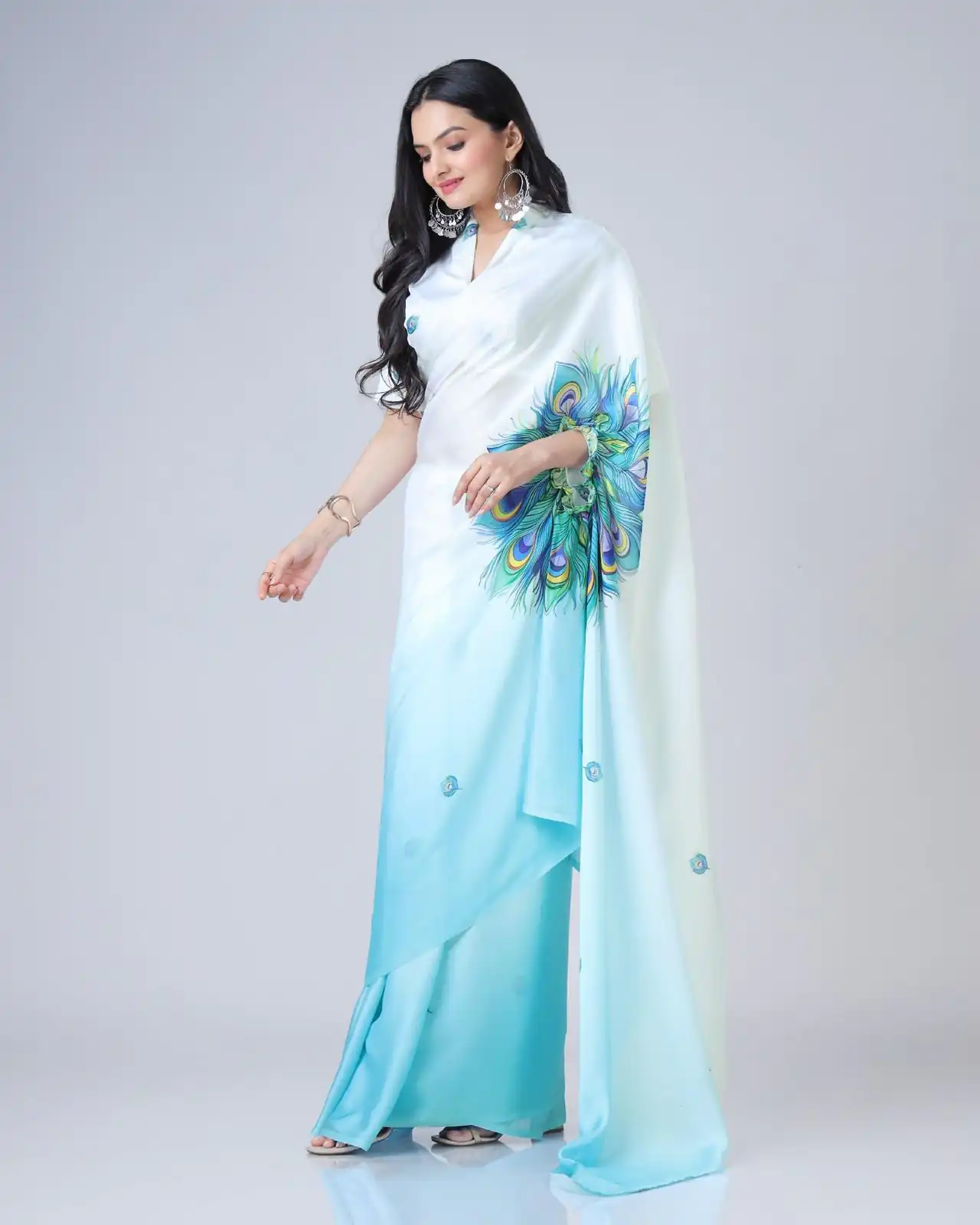 Blue And White Japan Satin Digital Print Work Saree | Sarees, Bollywood Sarees, Creative Sarees, Designer Sarees, Embroidered Sarees, Ethnic Saree, Modern Digital sarees, Party Wear Sarees